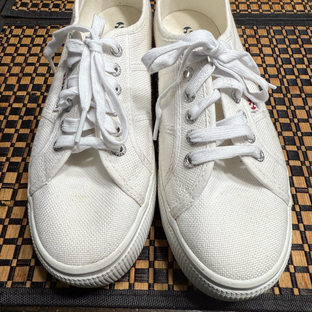 Superga White Canvas Low-Top Sneakers with Lace-Up Front